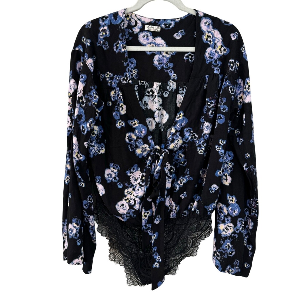 Intimately Free People Night Shimmers Floral Lace Trim Bodysuit Black Medium